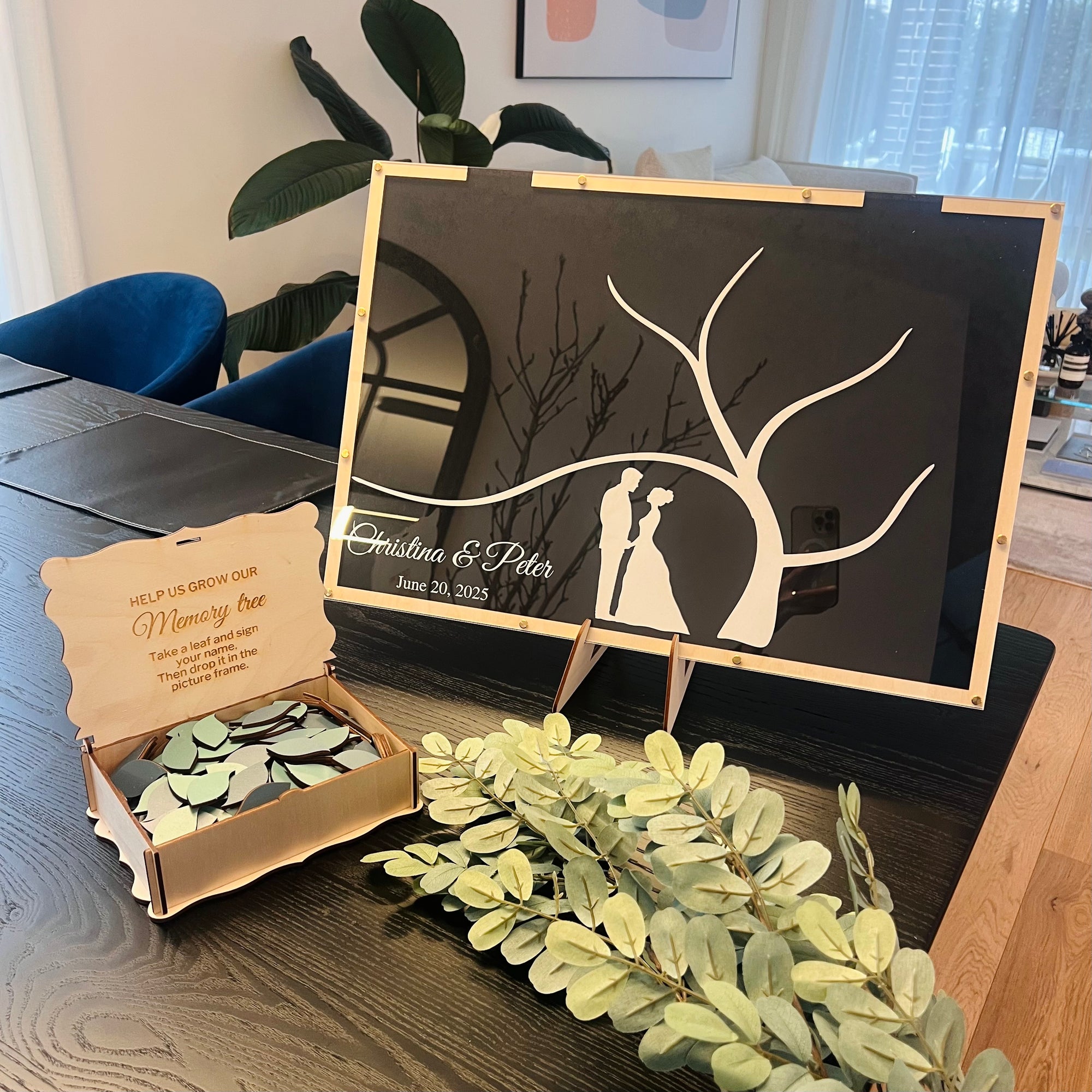 Custom Wood Acrylic Tree of Colour Leaves & Couple Silhouette Wedding Drop Box, Personalised Guest Book Alternative, Same Sex Marriage Decor