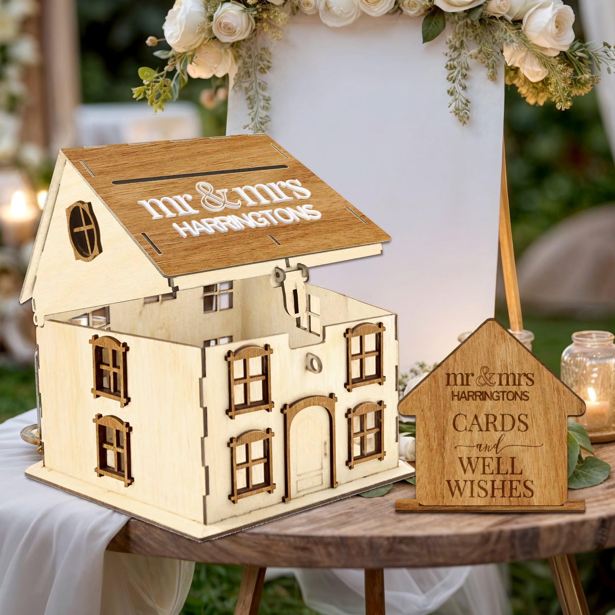 Custom Wooden House Wedding Post Box & 3D Acrylic Text, Personalised Rustic Wishing Well Holder, Money Storage, Envelope Card Trinket, Gift