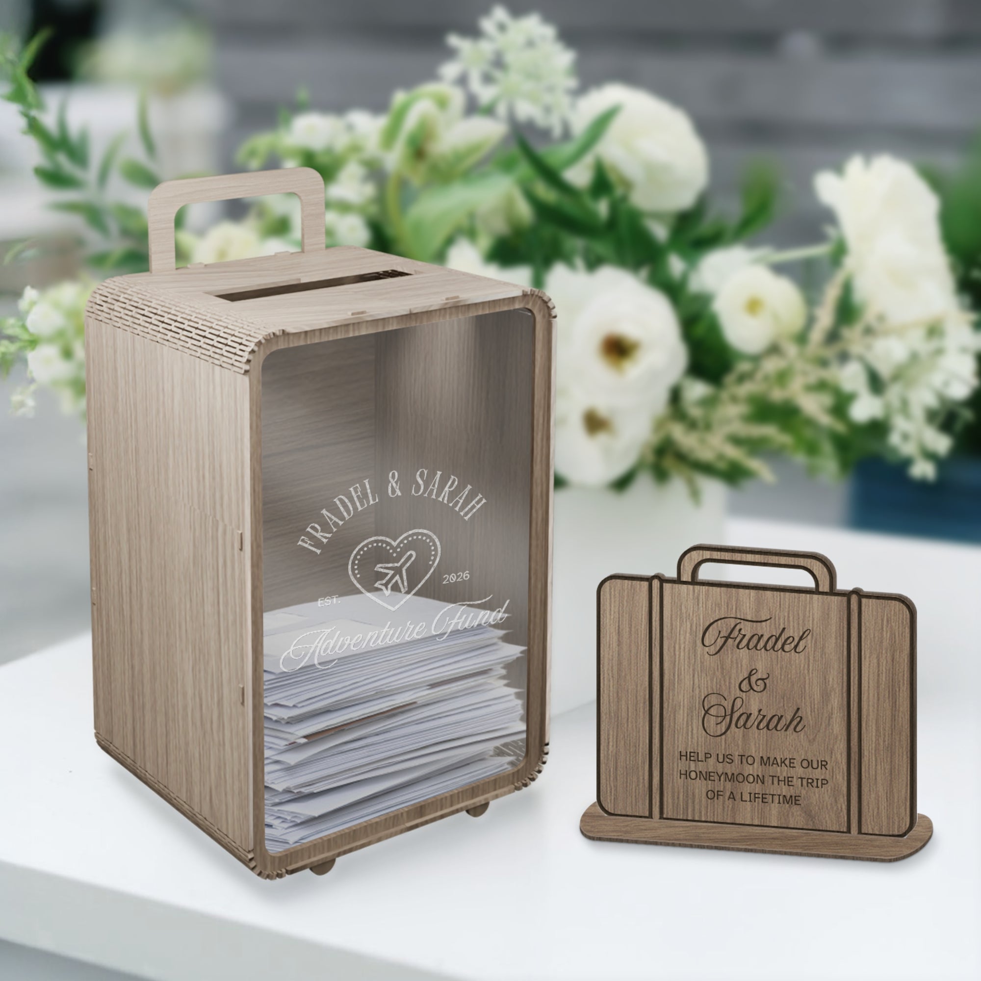 Custom Wood Travel Luggage Wishing Well Box & Sign, Personalised Money Card Honeymoon/ Adventure Fund Envelope Wedding Storage Keepsake Gift