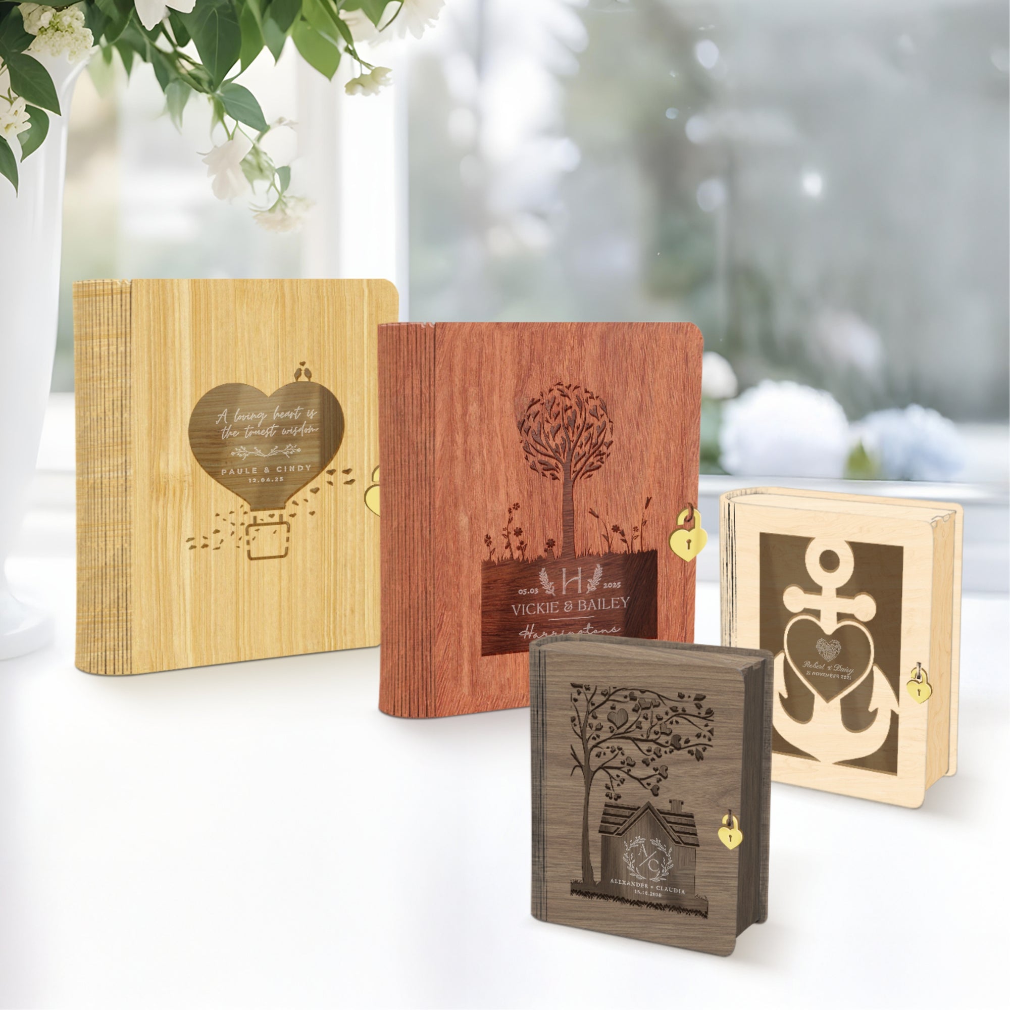 Custom Laser Cut Wooden Book Box, Personalised Wedding Favours, Birthday Keepsake Chest Photo Storage, Christmas, Engagement, Corporate Gift