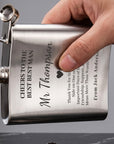 Custom engraved 7oz stainless steel hip flask, personalised with name, logo or message. Perfect Australian gift for groomsmen, Dad, weddings & corporate events.