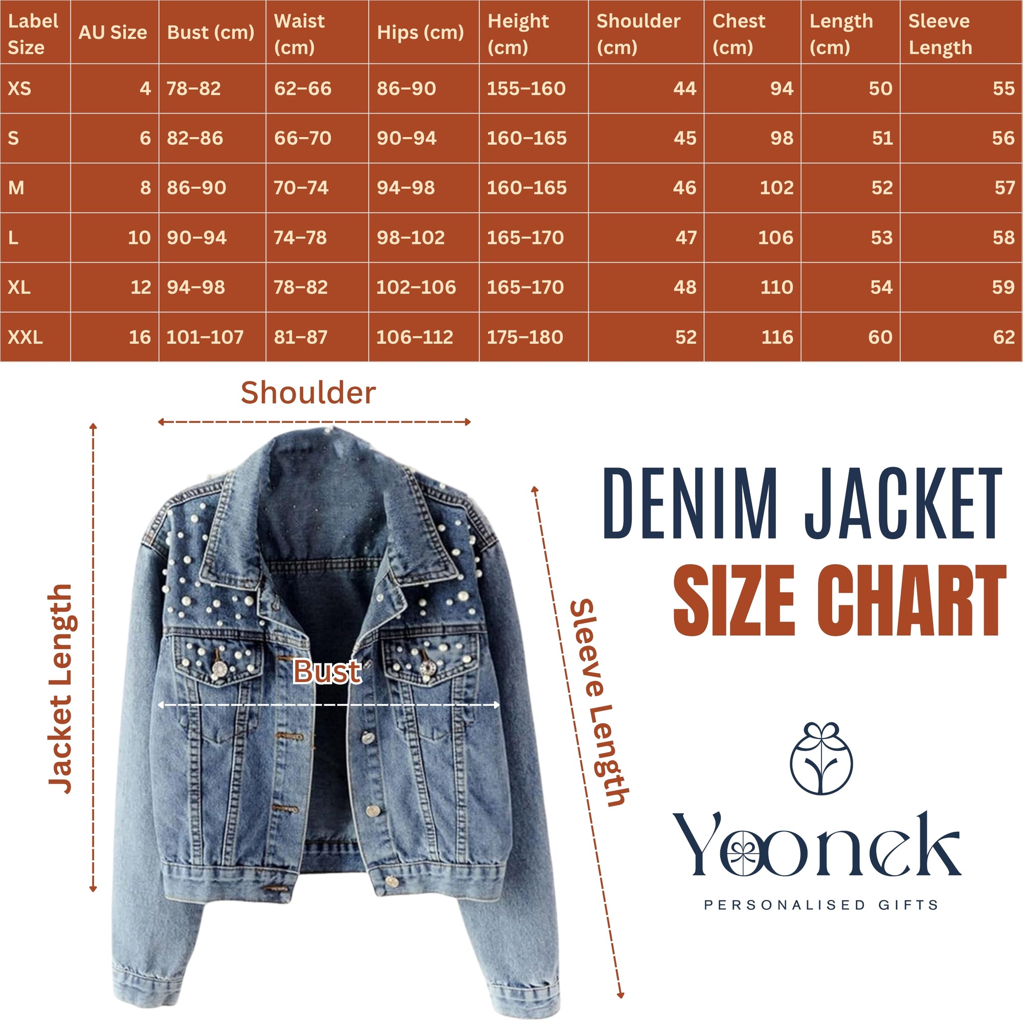 Denim jacket size chart with measurements and Yoonek branding
