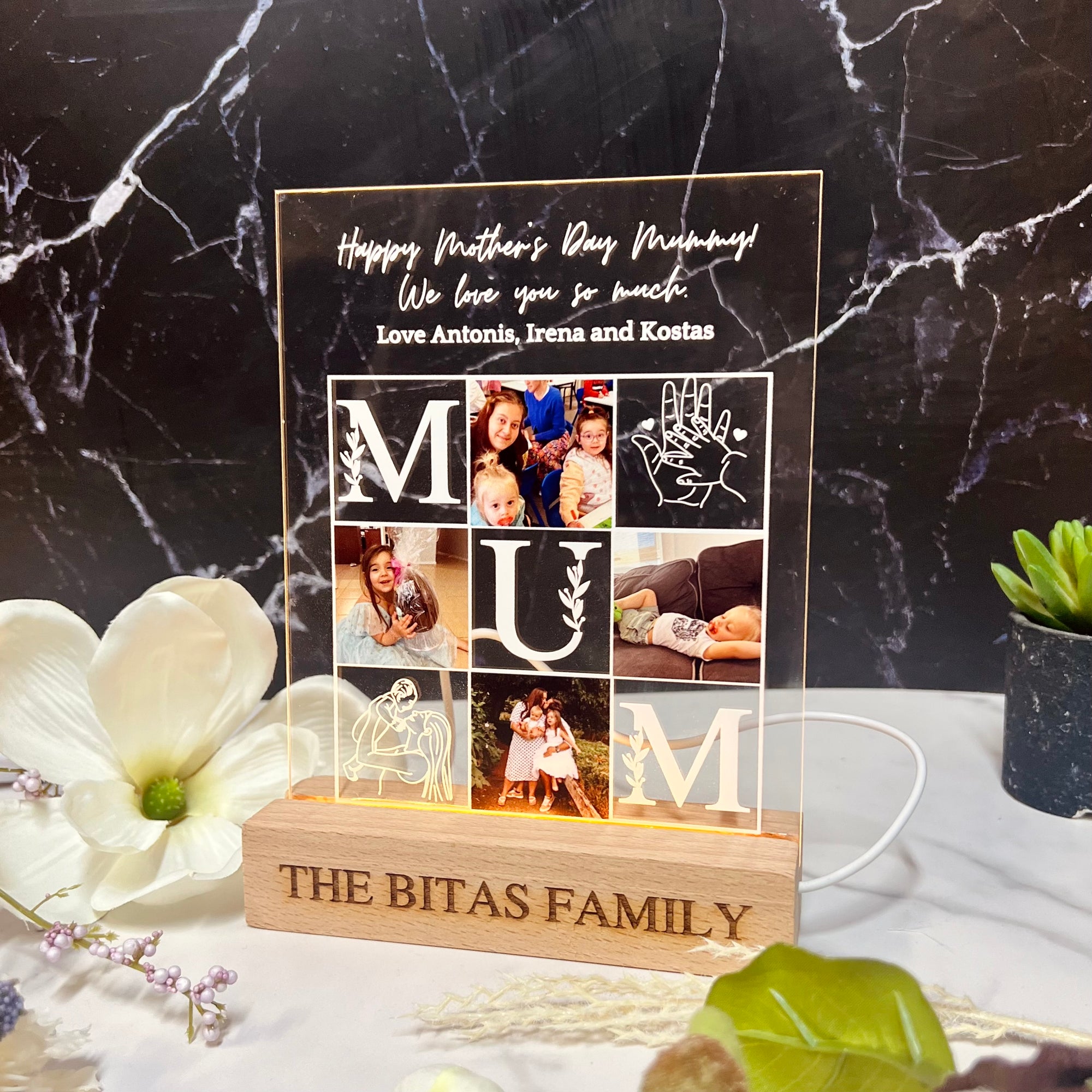 Custom 3D Collage Mom Photos Names LED Night Light, Personalised UV Printed Acrylic Wooden Table Lamp Sign Room Decor, Mum Mother's Day Gift