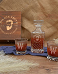 Engraved Diamond Whiskey Wooden Box - Square Decanter, 2 Scotch Glasses, Personalised Barware Set Dad, Groomsman, Retirement, Christmas Gift