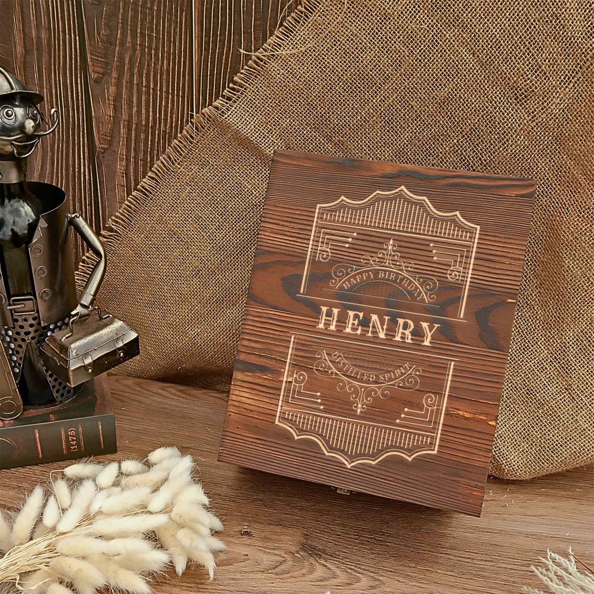 Engraved Diamond Whiskey Wood Box Decanter, 2 Scotch Glasses, Personalised Barware Set Dad, Groomsman, Retirement, Christmas Gift