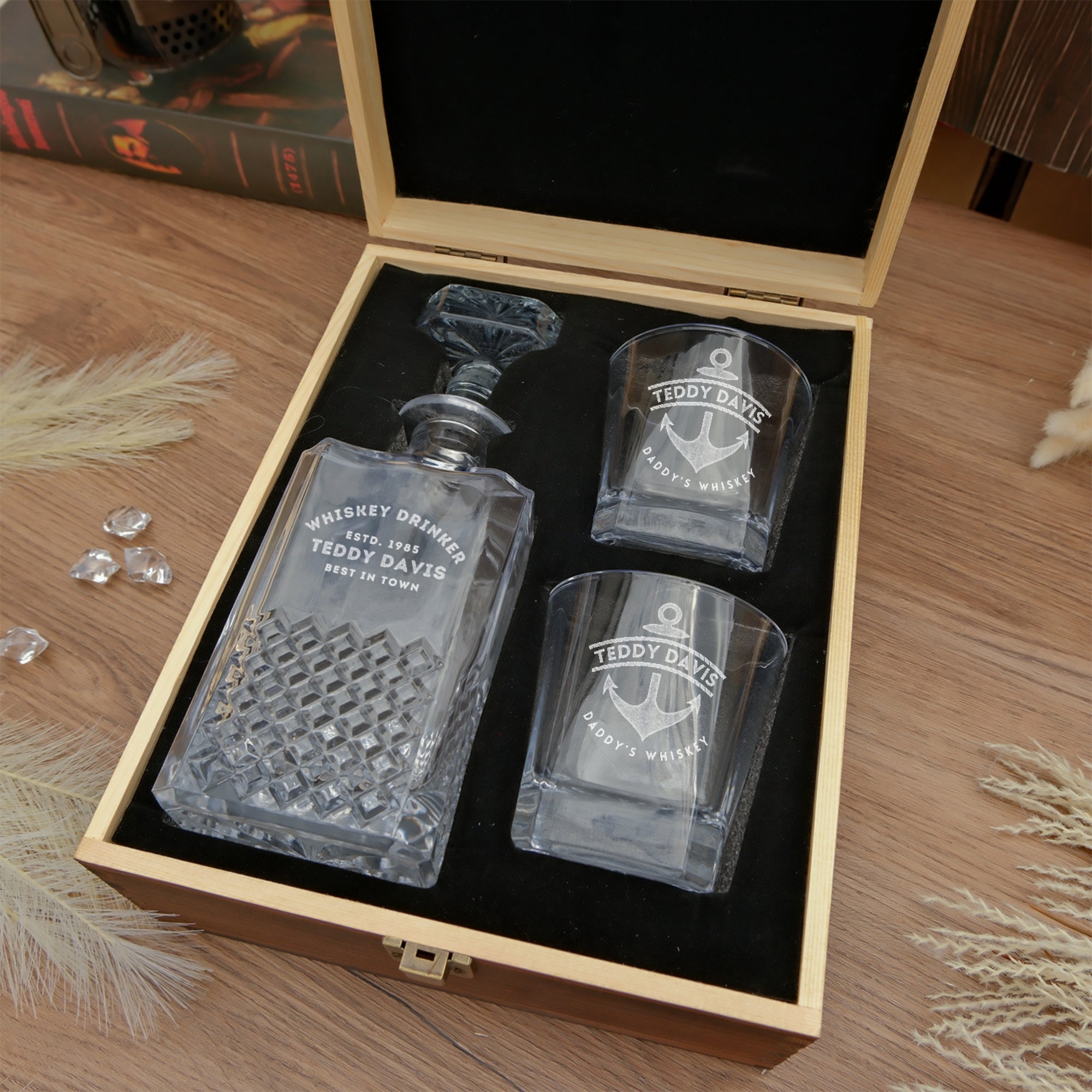 Engraved Diamond Whiskey Wood Box Decanter, 2 Scotch Glasses, Personalised Barware Set Dad, Groomsman, Retirement, Christmas Gift