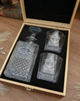 Engraved Diamond Whiskey Wood Box Decanter, 2 Scotch Glasses, Personalised Barware Set Dad, Groomsman, Retirement, Christmas Gift