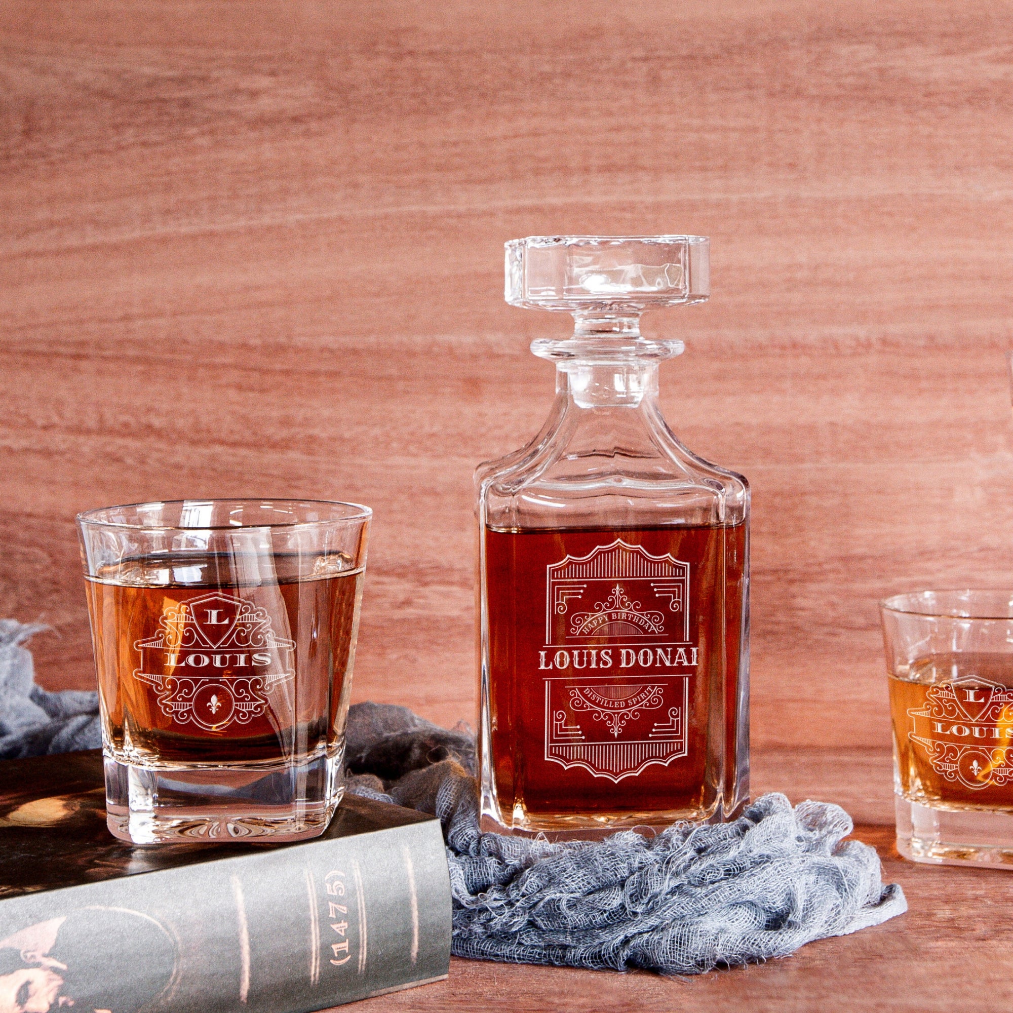 Engraved Whiskey Wooden Box - Square Decanter, 2 Scotch Glasses, Personalised Barware Set Dad, Groomsman, Retirement, Christmas Gift
