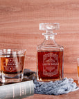 Engraved Whiskey Wooden Box - Square Decanter, 2 Scotch Glasses, Personalised Barware Set Dad, Groomsman, Retirement, Christmas Gift