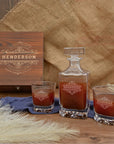 Engraved Star Base Whiskey Wooden Box - Square Decanter, 2 Scotch Glasses, Personalised Barware Set Dad, Groomsman Retirement Christmas Gift