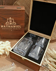 Engraved Star Base Whiskey Wooden Box - Square Decanter, 2 Scotch Glasses, Personalised Barware Set Dad, Groomsman Retirement Christmas Gift