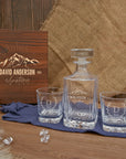Engraved Star Base Whiskey Wooden Box - Square Decanter, 2 Scotch Glasses, Personalised Barware Set Dad, Groomsman Retirement Christmas Gift