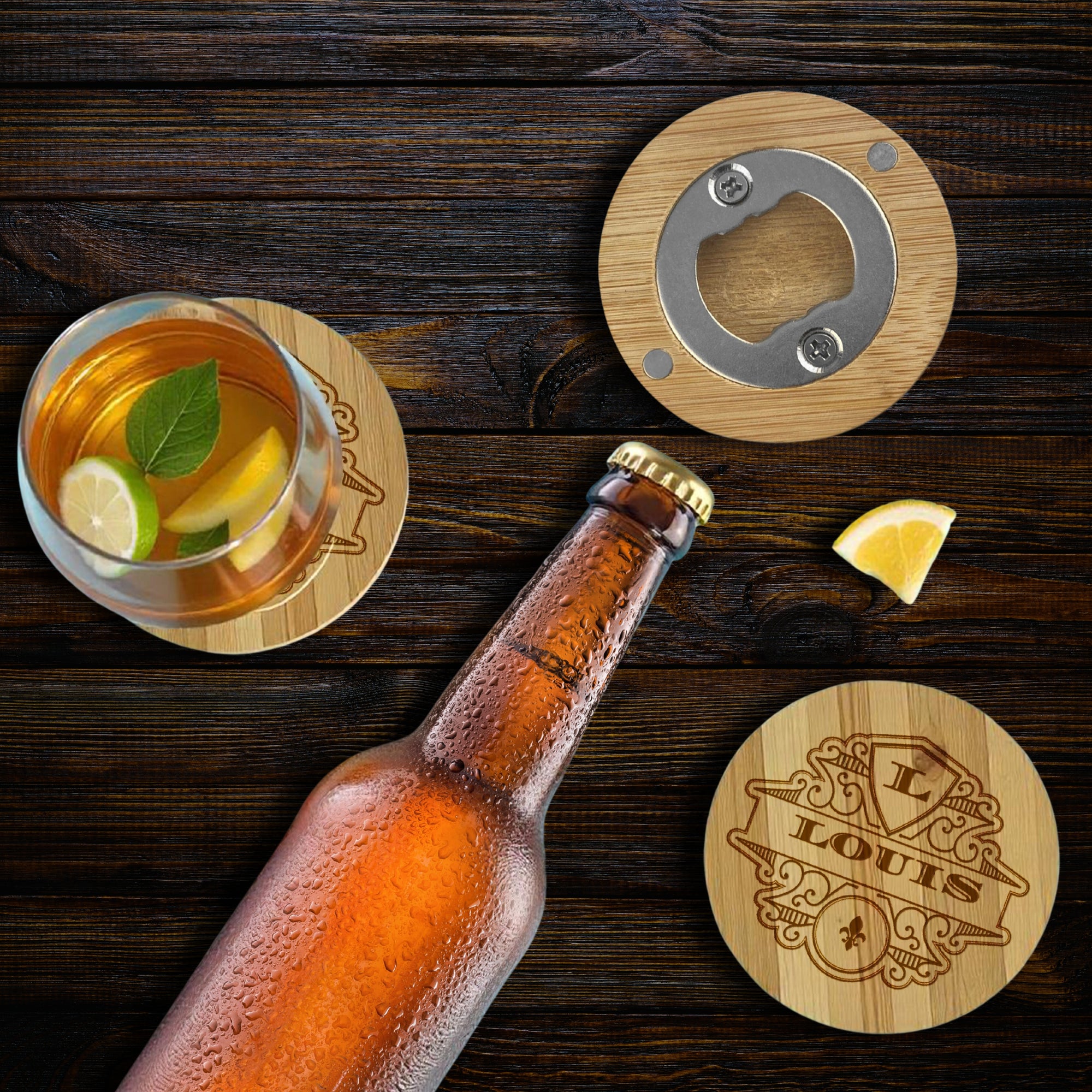 Custom Engraved Bamboo Magnetic Fridge Opener, Personalised Logo Wooden Drink Mat/ Coaster, Wedding Favour/ Housewarming Xmas Corporate Gift