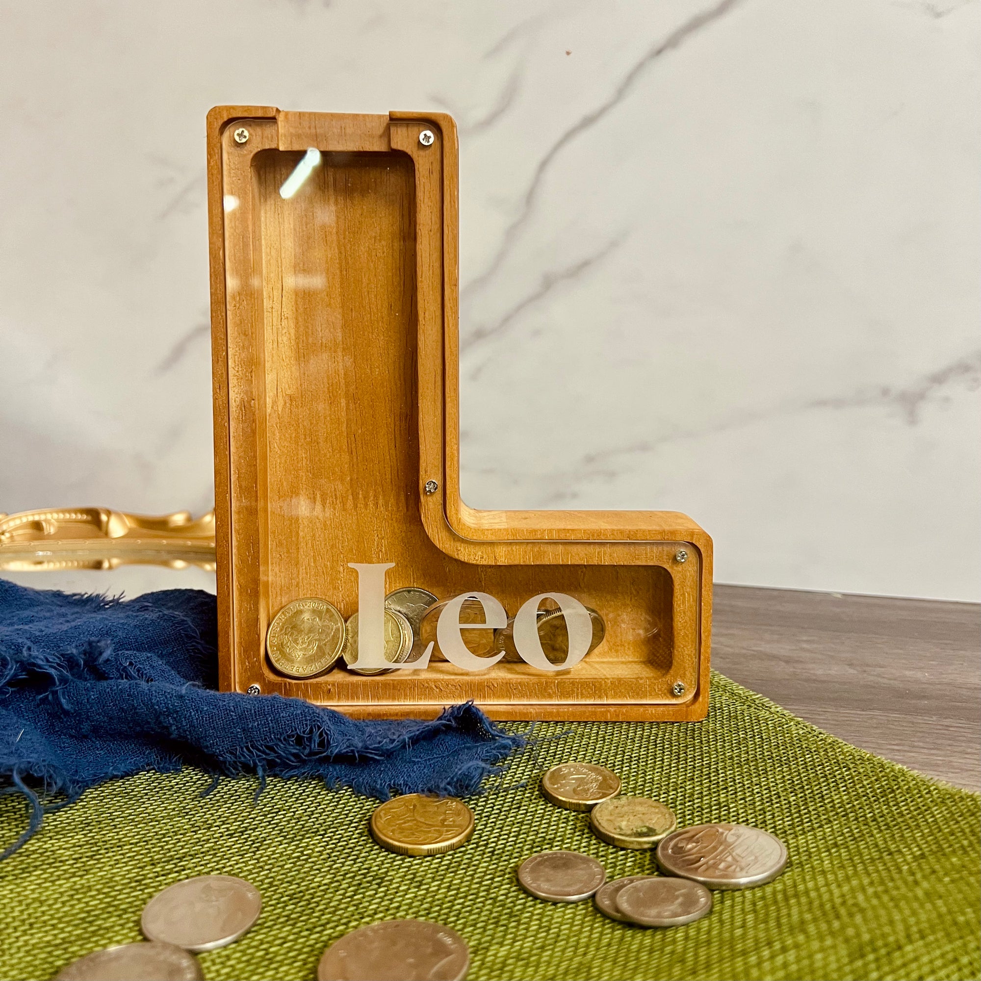 Personalised Wood Letter Piggy Bank, Custom Engraved Name Money Saving Box Alphabet Coin Storage Birthday Shower Gift Nursery Kid Room Decor