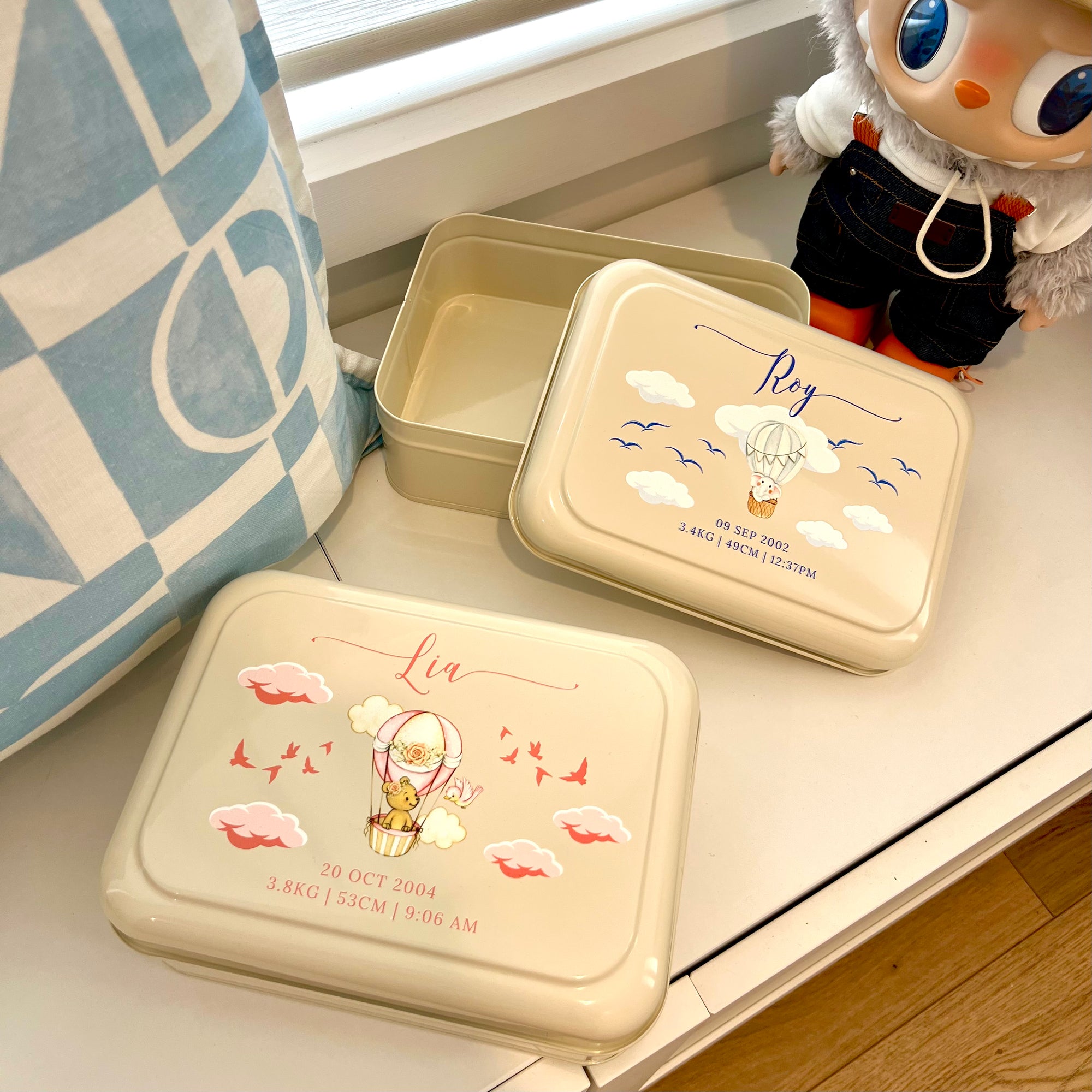 Personalised New Born Baby Tin Keepsake Box, Custom UV Printed Metal Memory Boxes, Engraved Treasure Storage, Nursery, First Birthday Gift