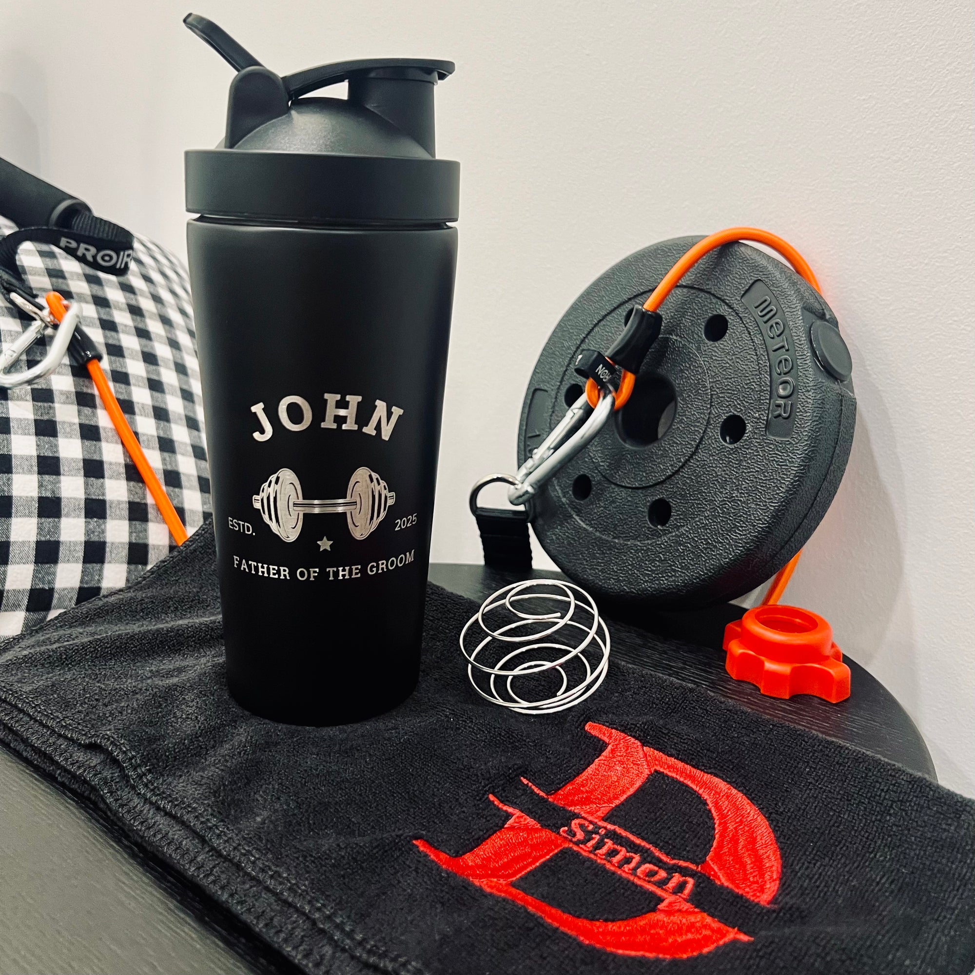 Personalised 25oz Black Metal Protein Shaker & Embroidery Gym Towel Set, Custom Name Logo Fitness, Travel, Sport, Birthday, Corporate Gift