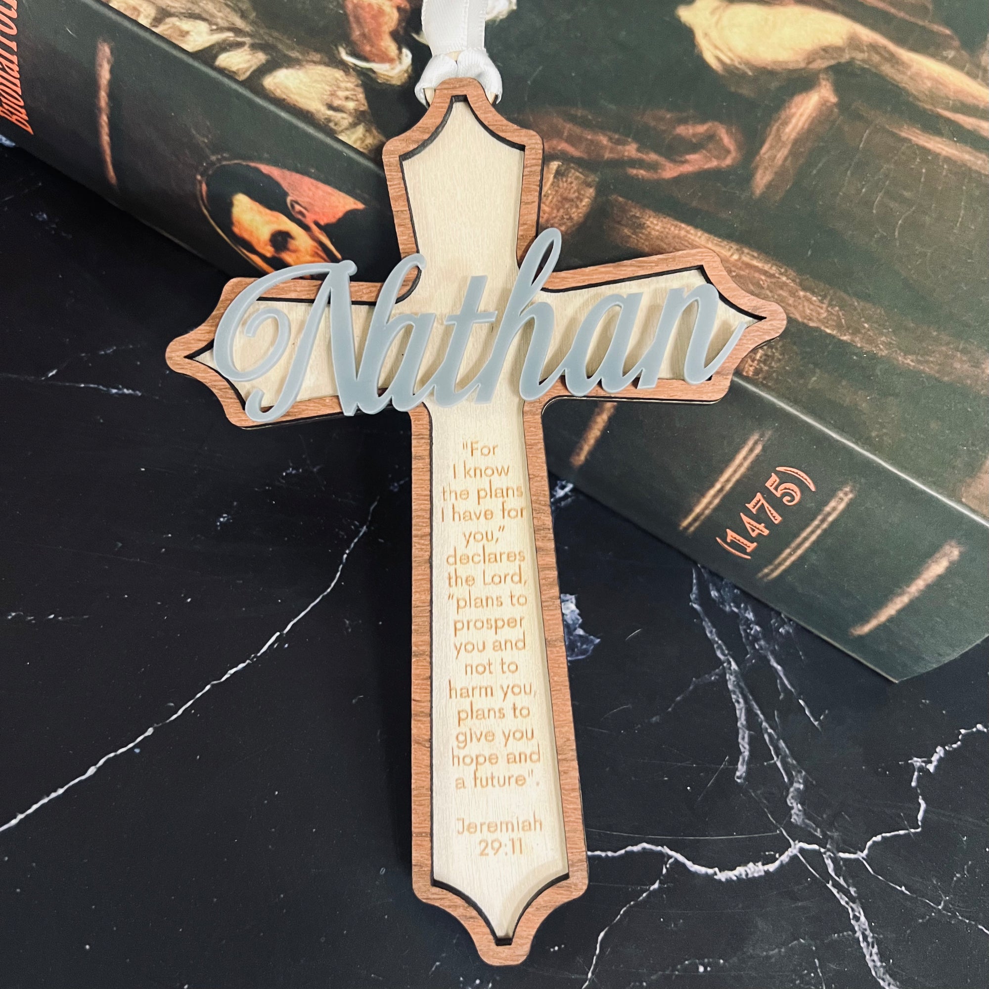 Personalised Double Layers 3D Acrylic & Wooden Christening Cross, Custom Religious Name Sign Baptism Newborn Birthday, Wedding Memorial Gift