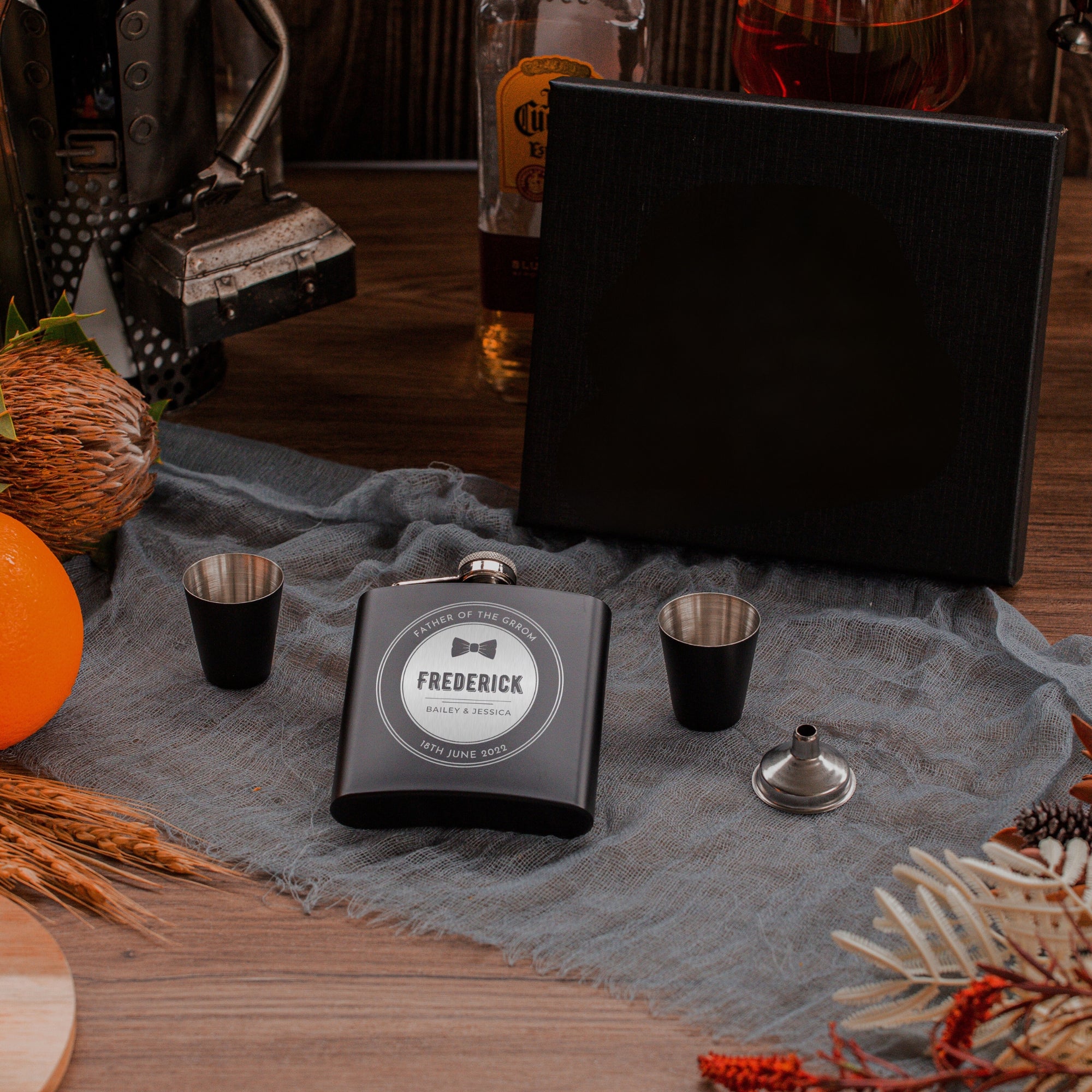Personalised Engraved Stainless Steel 170ml 6oz Hip Flask, Funnel & Shot Glasses - FREE Gift Boxed, Laser Etching Custom Logo Wedding/ Groomsman/ Godfather Favour