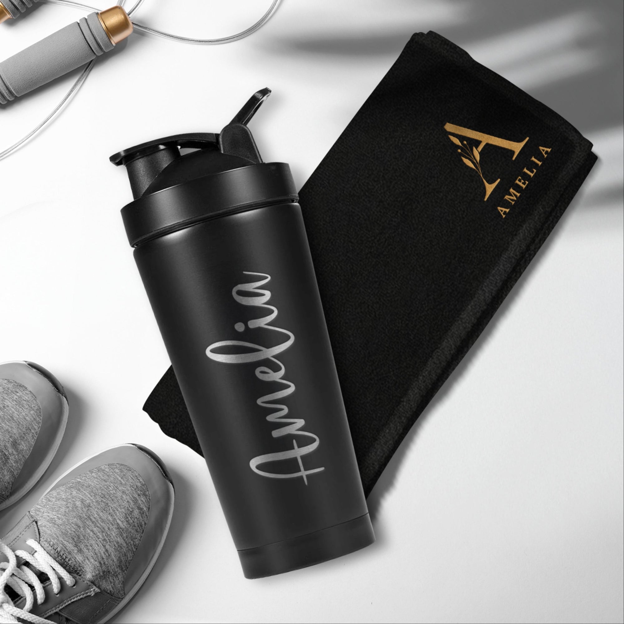 Personalised 25oz Black Metal Protein Shaker & Embroidery Gym Towel Set, Custom Name Logo Fitness, Travel, Sport, Birthday, Corporate Gift