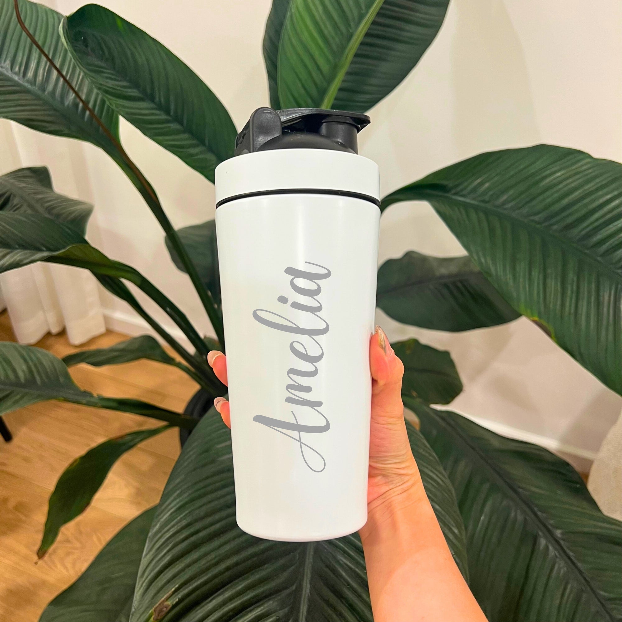 Personalised 25oz Insulated Protein Stainless Steel Shaker, Custom Engraved Logo 750ml Gym Lover Matt White Blender Bottle Work Out Mom Gift