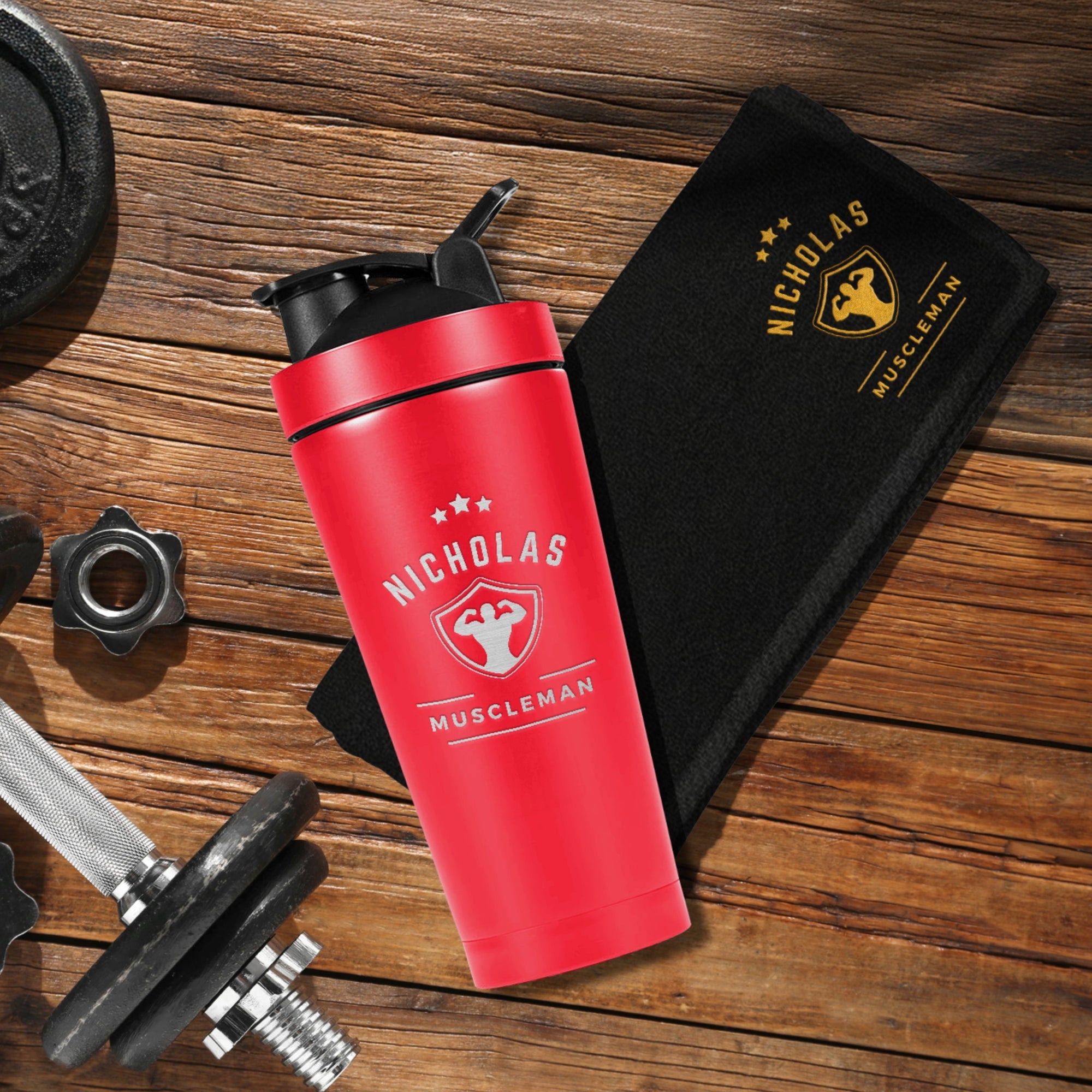 Personalised 25oz Red Metal Protein Shaker & Embroidery Black Gym Towel Set, Custom Name Logo Fitness Travel Sport, Birthday, Corporate Gift