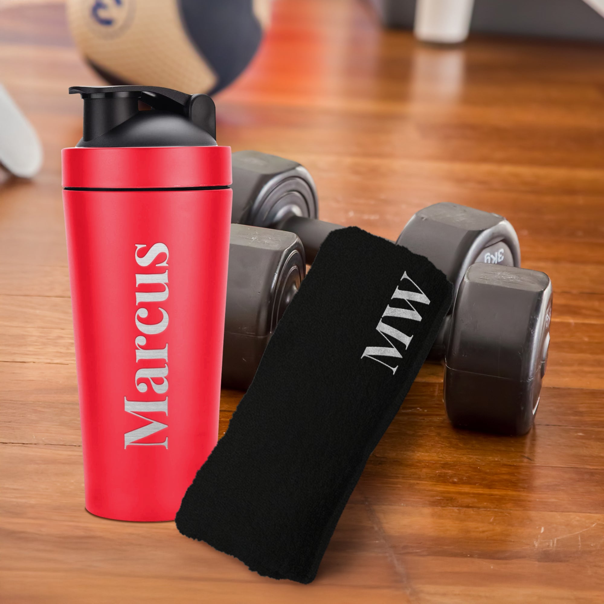 Personalised 25oz Red Metal Protein Shaker & Embroidery Black Gym Towel Set, Custom Name Logo Fitness Travel Sport, Birthday, Corporate Gift