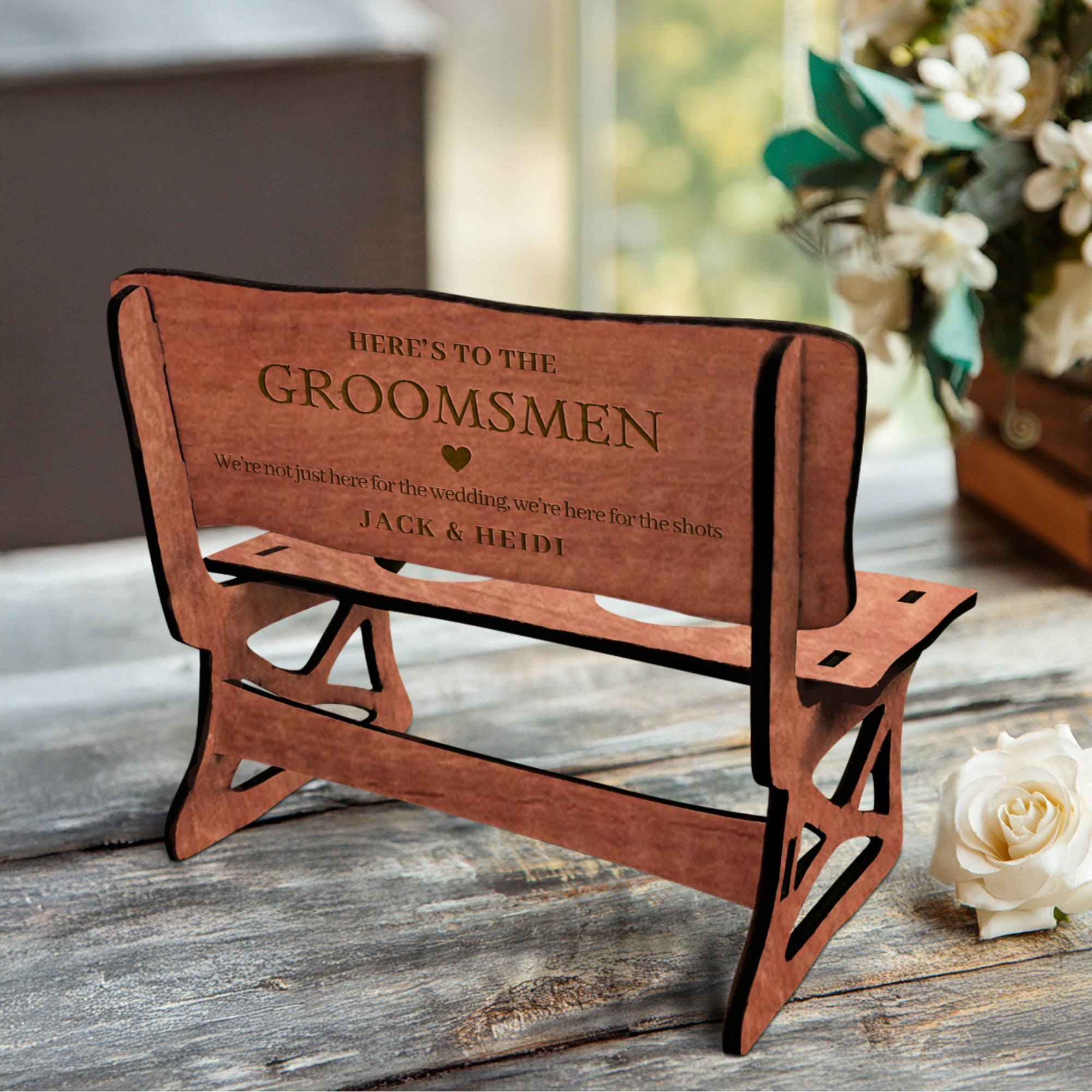 Personalised 2 Crystal Shot Glasses & Custom Engraved Wood Bench Chair Holder Set, Bridesmaid Groomsman, Couple Wedding, Xmas Corporate Gift