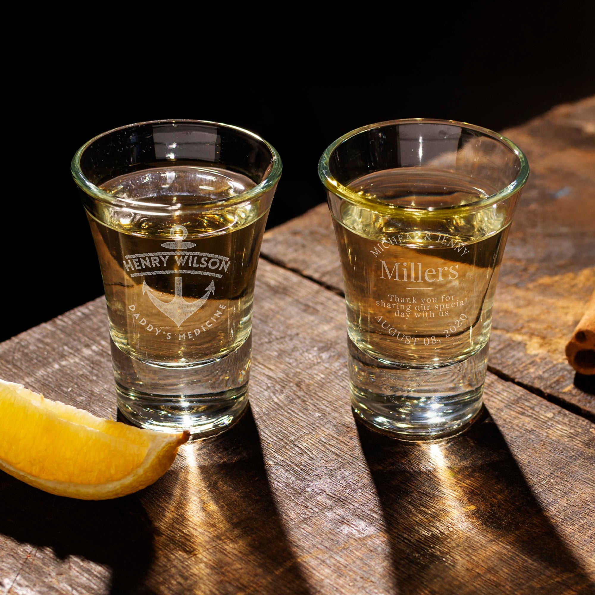 Personalised 2 Crystal Shot Glasses & Custom Engraved Wood Bench Chair Holder Set, Bridesmaid Groomsman, Couple Wedding, Xmas Corporate Gift