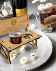 Personalised 2 Crystal Shot Glasses & Custom Engraved Wood Bench Chair Holder Set, Bridesmaid Groomsman, Couple Wedding, Xmas Corporate Gift