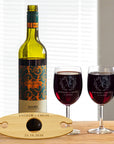 Personalised 2 Stem Glasses & Wine Holder Set, Laser Cut Wooden Bottle Caddy/ Custom Engraved Butler, Barware Anniversary, Housewarming Gift