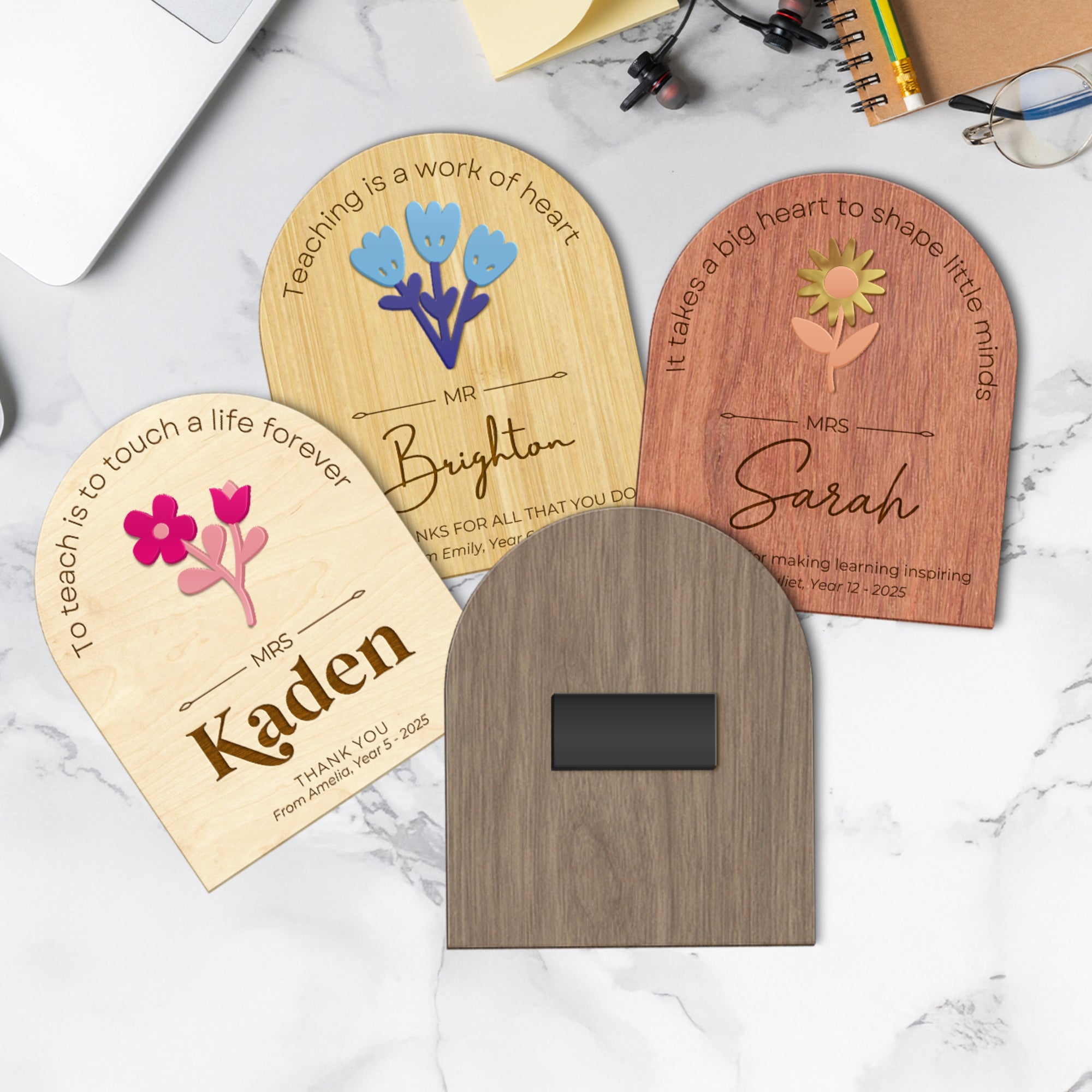 Personalised 3D Acrylic Flower Wooden Magnet, Custom Engraved Thank You, Appreciation Teacher Gift, End of Year/ Grad Coach Mentor Keepsake