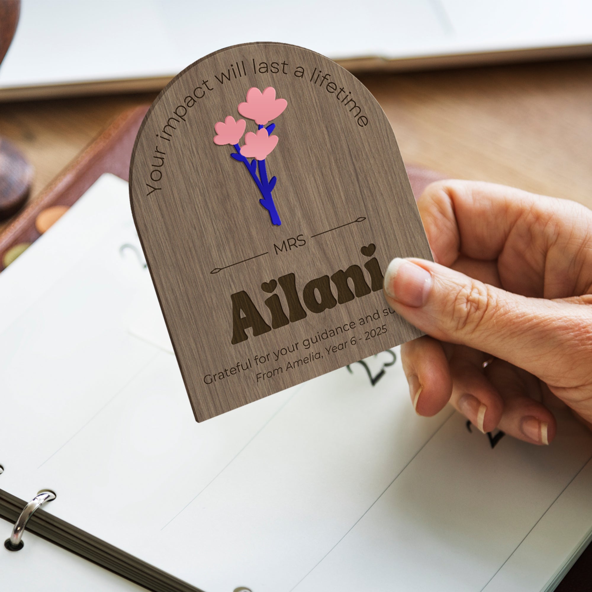 Personalised 3D Acrylic Flower Wooden Magnet, Custom Engraved Thank You, Appreciation Teacher Gift, End of Year/ Grad Coach Mentor Keepsake