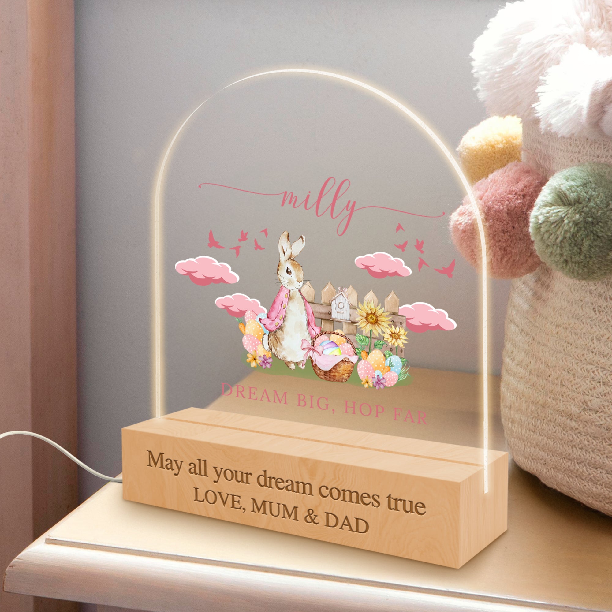 Personalised 3D Bunny Kid LED Night Light, Custom Baby Name & Rabbit Wood Acrylic Print Table Lamp, First Birthday, Nursery, Kid Easter Gift