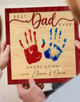 Personalised 3D “Hands Down” Dad Handprint on Engraved Wooden Block Sign, Father's Day Gift, Daddy Birthday Plaque, Grandad Memory Keepsake
