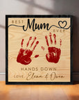 Personalised 3D “Hands Down” Mum Handprint on Engraved Wooden Block Sign, Mother's Day Gift, Mom Birthday Plaque, Grandma Granny Keepsake