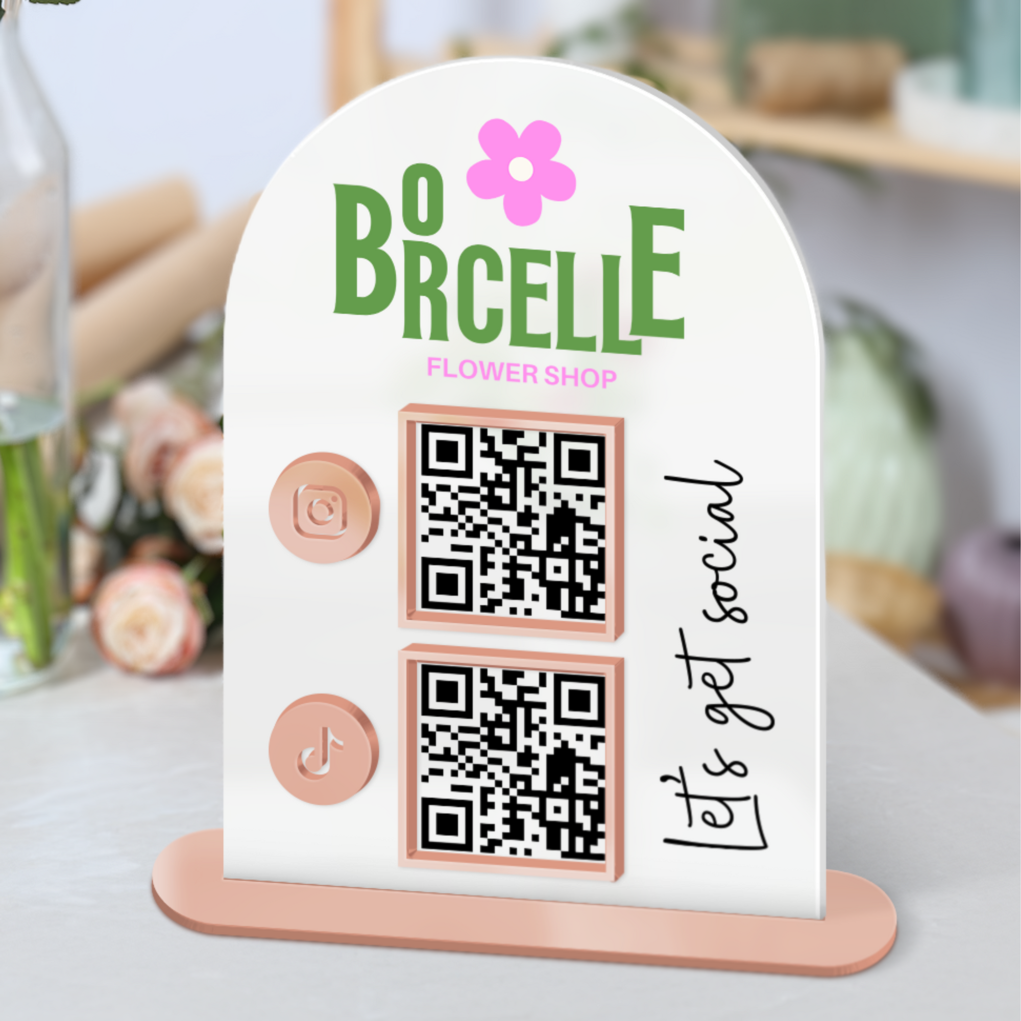 Personalised 3D Raised Acrylic Arch QR Code Let's Get Social Business Sign, Custom Spa, Beauty Salon, Cafe, Retail Reception Display Signage