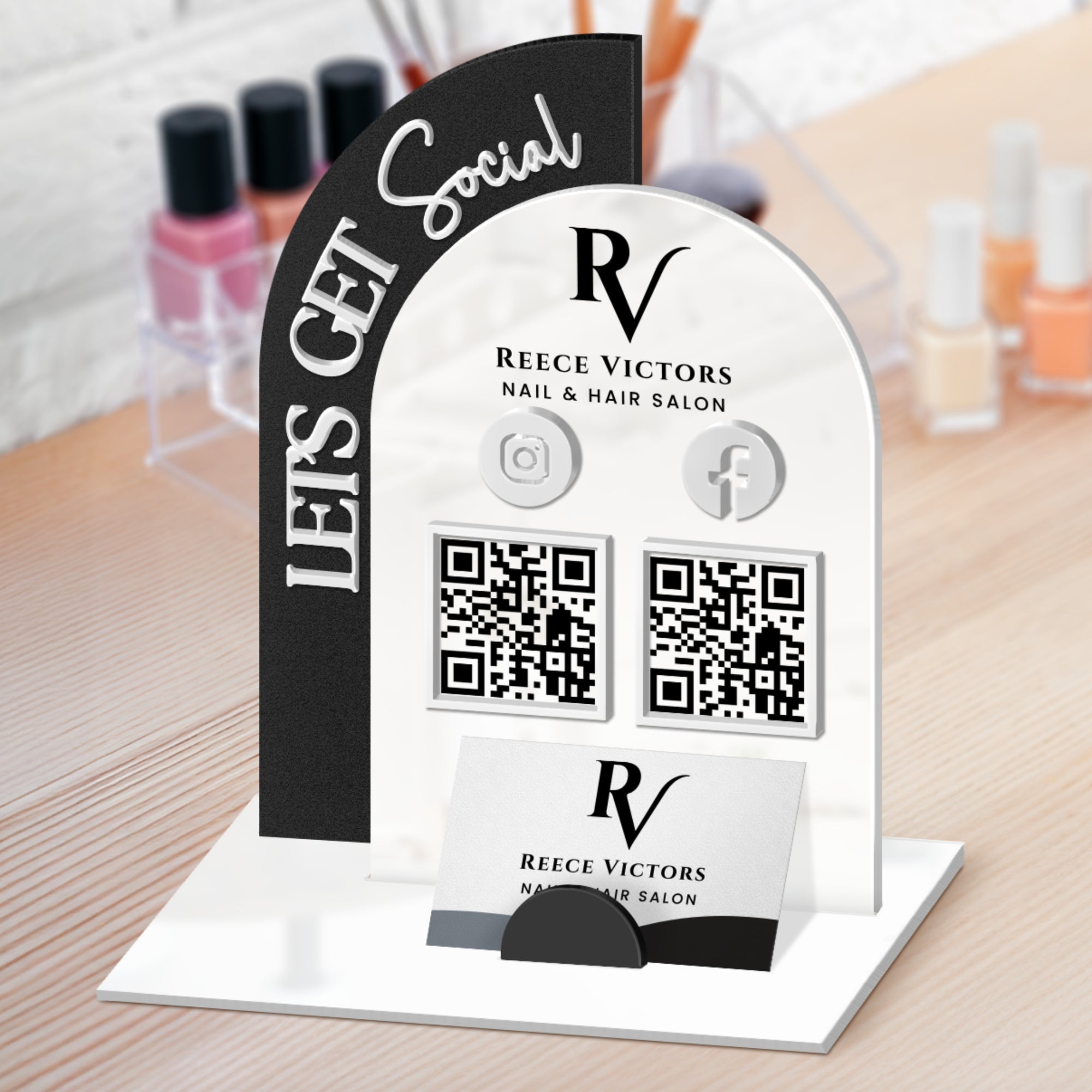 Personalised 3D Raised Acrylic Arch QR Code Social Business Sign & Card Holder, Custom Spa, Beauty, Cafe, Retail, Reception Display Signage