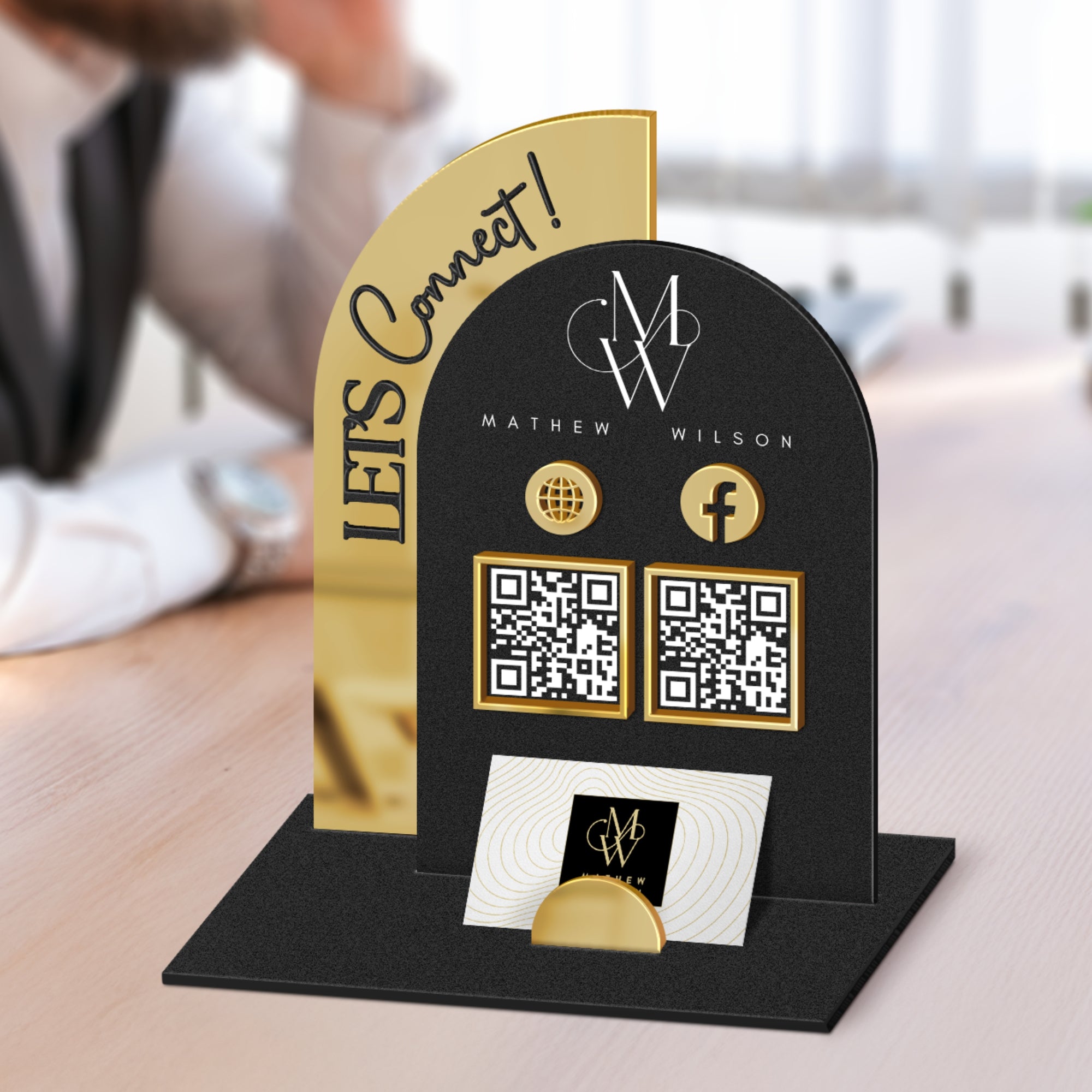 Personalised 3D Raised Acrylic Arch QR Code Social Connect Business Sign & Card Holder, Custom Spa, Beauty, Cafe, Reception Display Signage