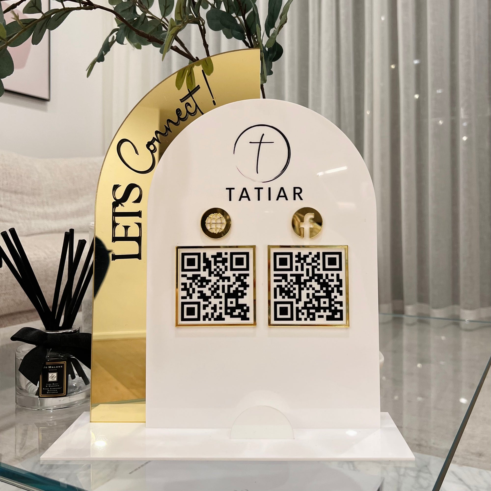 Personalised 3D Raised Acrylic Arch QR Code Social Connect Business Sign & Card Holder, Custom Spa, Beauty, Cafe, Reception Display Signage