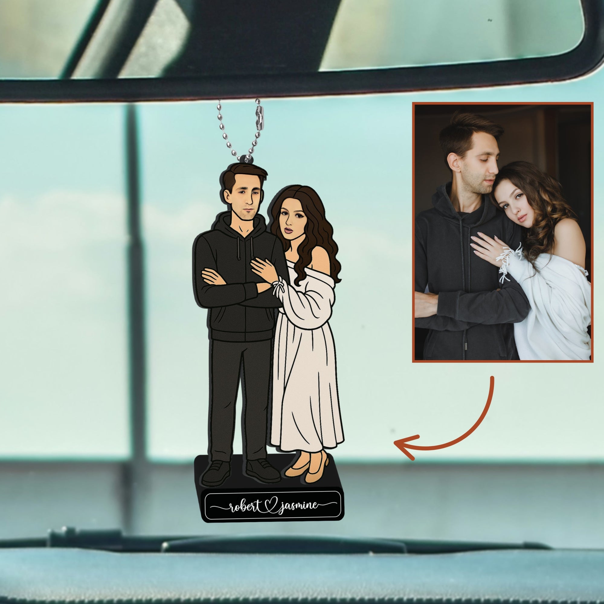 Personalised 3D Wooden Cartoon Couple Figurine Keyring, Custom Print Photo Portrait Caricature Car Charm, Birthday, Anniversary, Xmas Gift