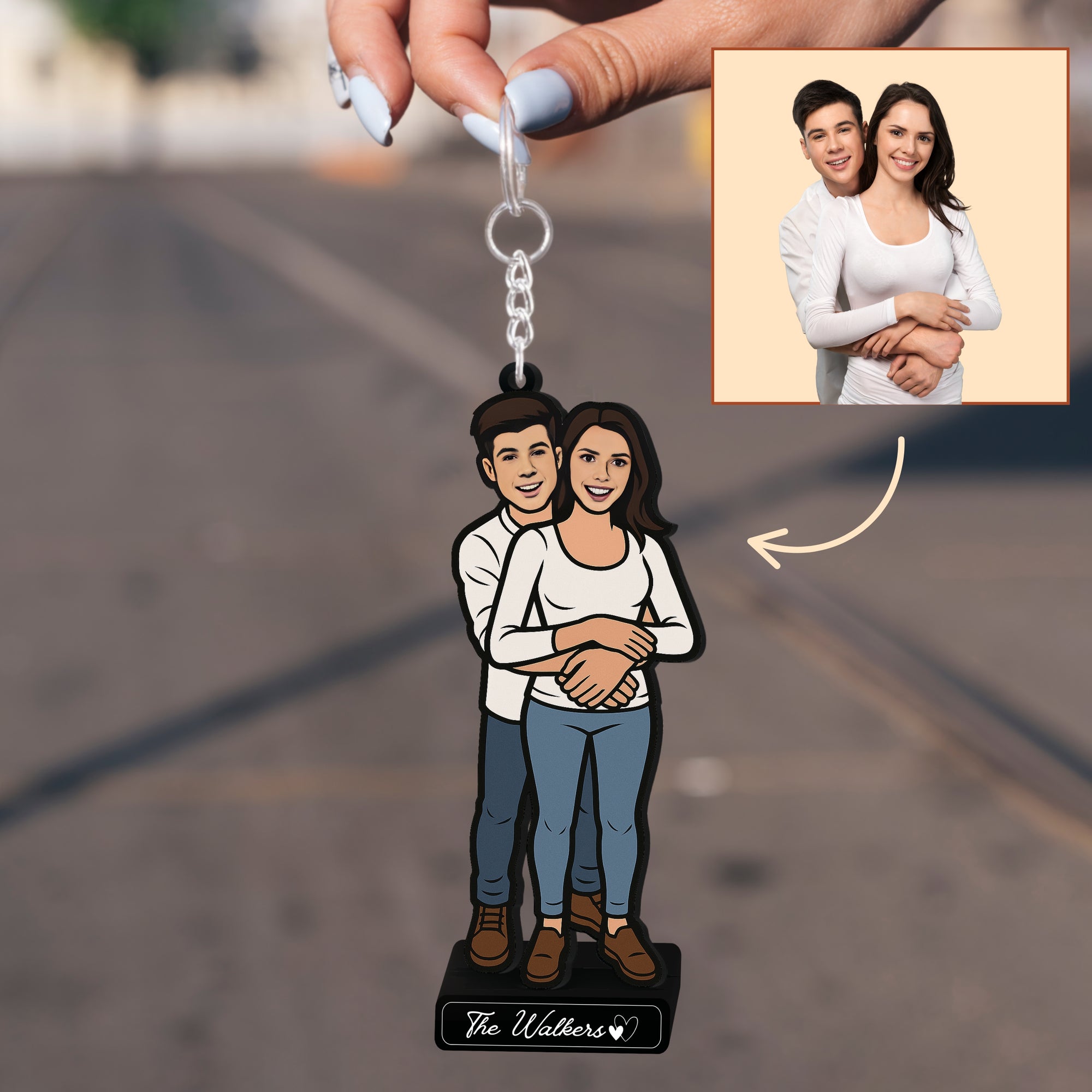 Personalised 3D Wooden Cartoon Couple Figurine Keyring, Custom Print Photo Portrait Caricature Car Charm, Birthday, Anniversary, Xmas Gift