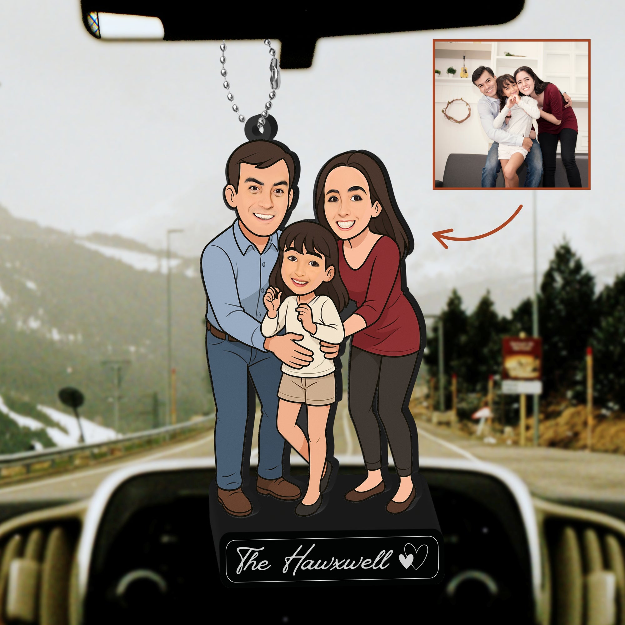Personalised 3D Wooden Cartoon Family Figurine Keyring, Custom Print Photo Portrait Caricature Car Charm Birthday Mom Dad Keepsake Xmas Gift
