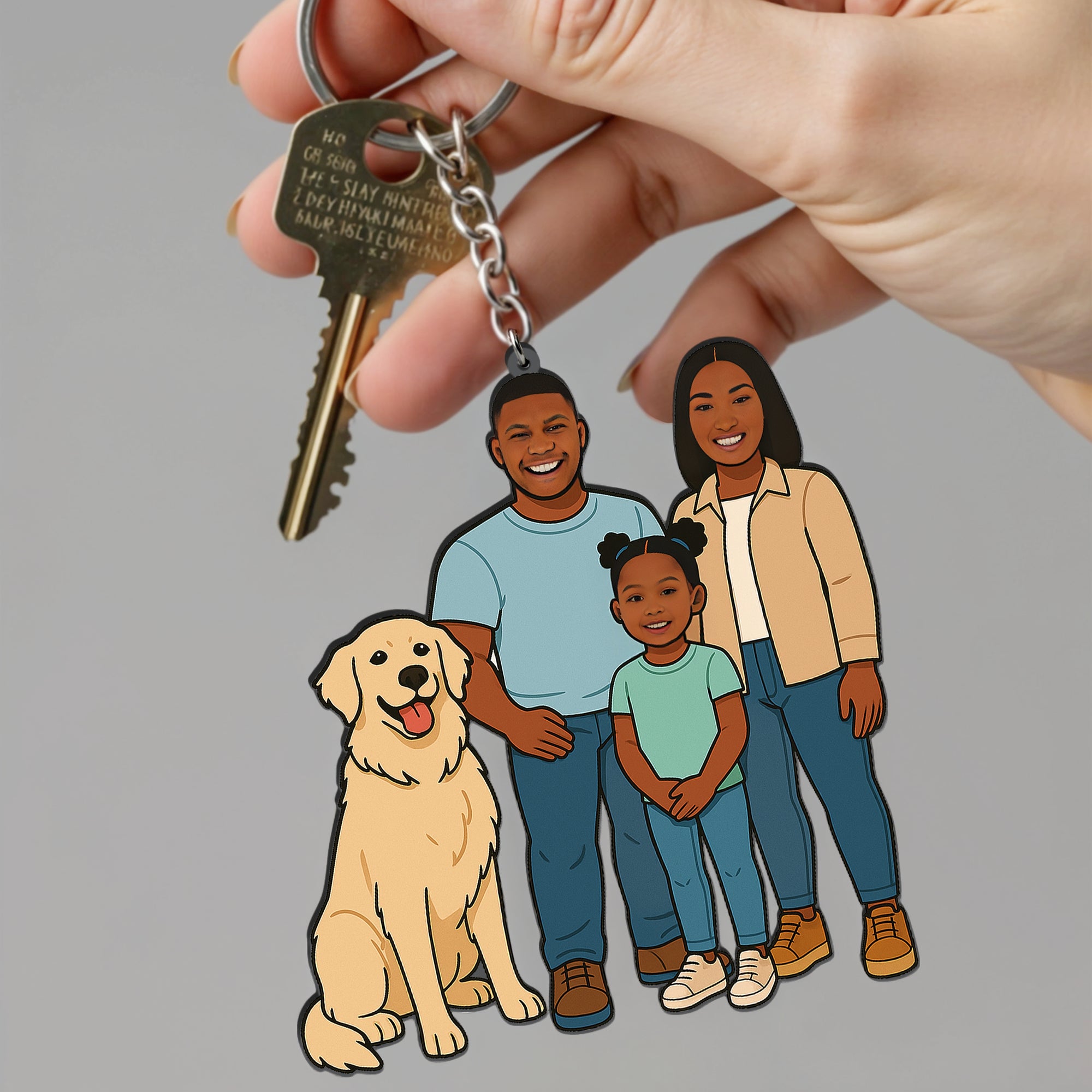 Personalised 3D Wooden Cartoon Family Figurine Keyring, Custom Print Photo Portrait Caricature Car Charm Birthday Mom Dad Keepsake Xmas Gift