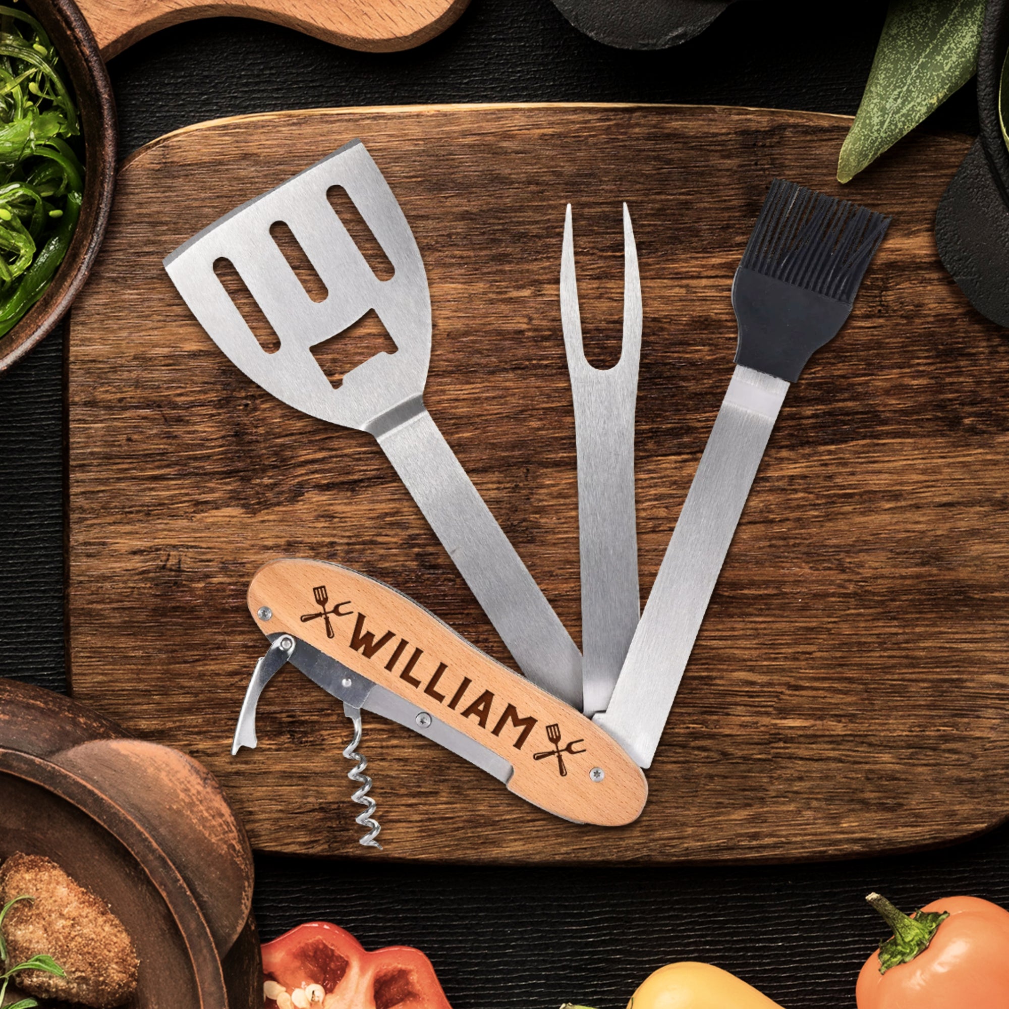 Personalised 5 in 1 Foldable BBQ Tool, Custom Engraved Logo Barbecue Spatula & Multi Grill Tools, Dad, Housewarming Groomsman Corporate Gift