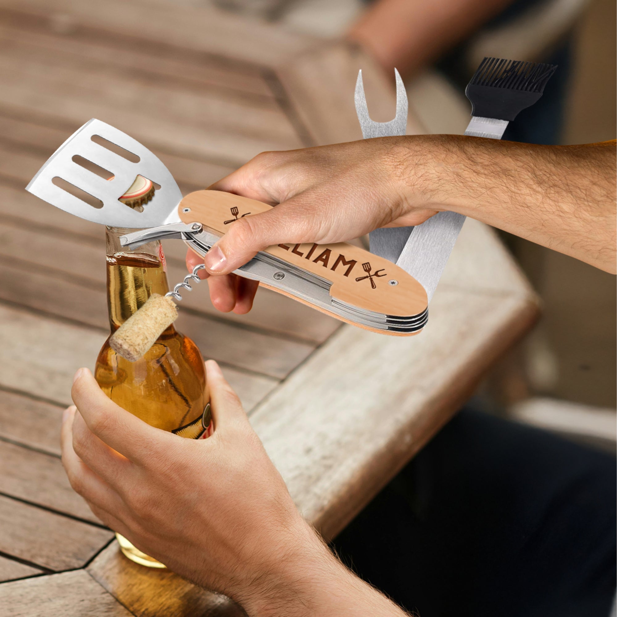 Personalised 5 in 1 Foldable BBQ Tool, Custom Engraved Logo Barbecue Spatula & Multi Grill Tools, Dad, Housewarming Groomsman Corporate Gift
