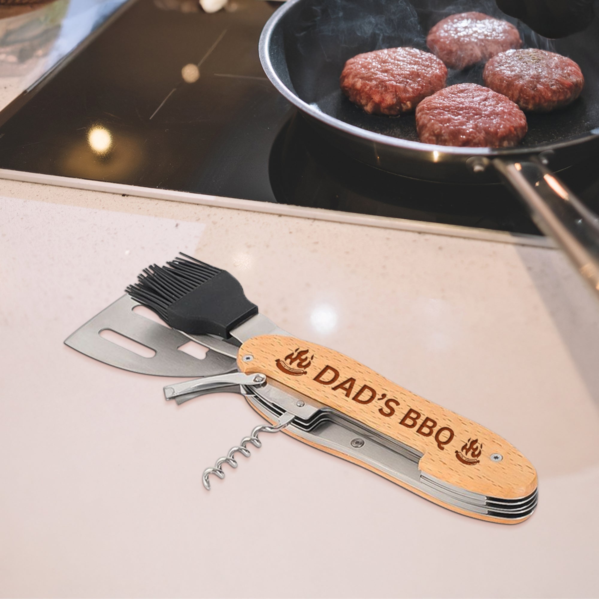 Personalised 5 in 1 Foldable BBQ Tool, Custom Engraved Logo Barbecue Spatula & Multi Grill Tools, Dad, Housewarming Groomsman Corporate Gift