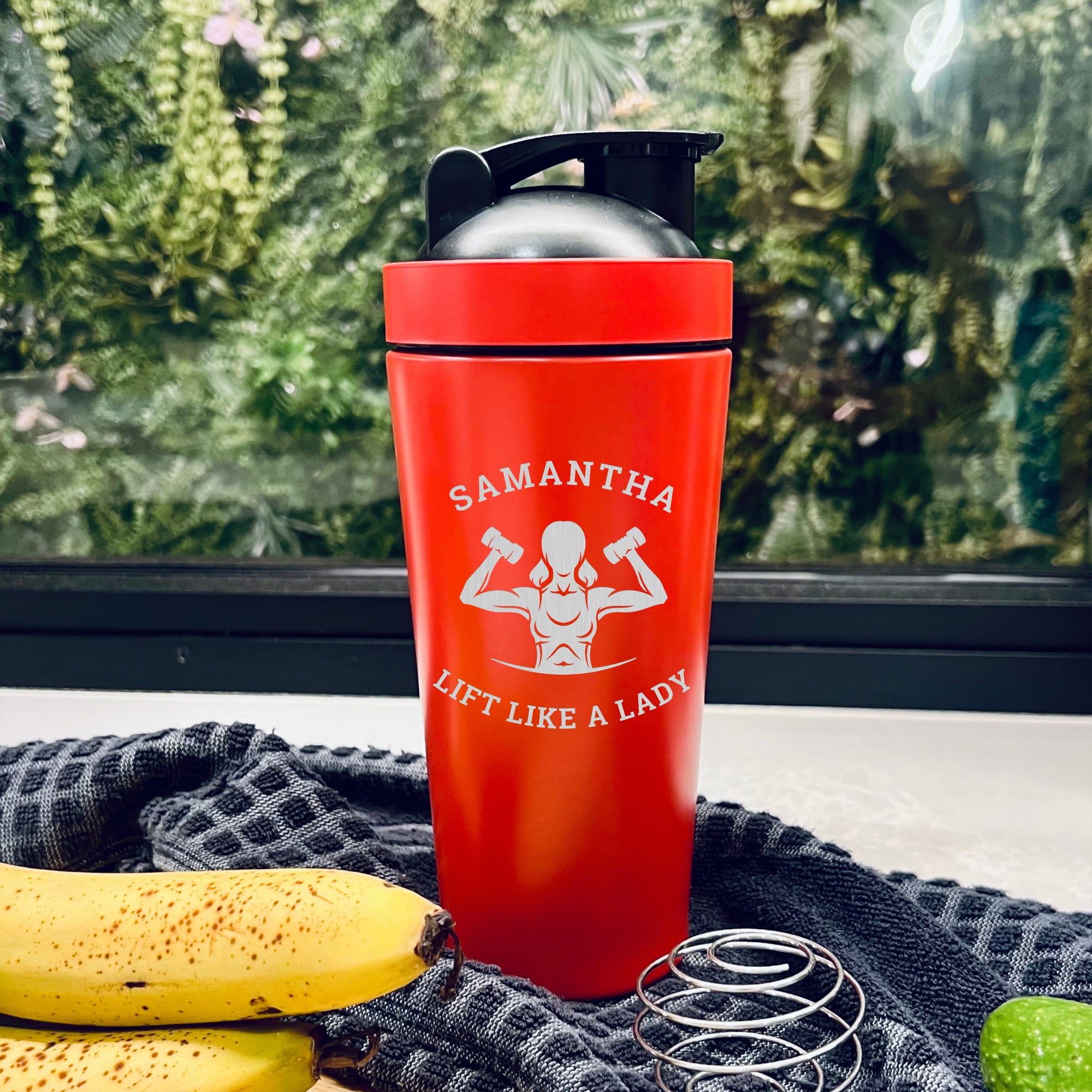 Personalised 25oz Red Metal Protein Shaker & Embroidery Black Gym Towel Set, Custom Name Logo Fitness Travel Sport, Birthday, Corporate Gift