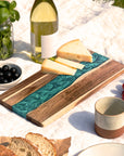 Personalised Acacia Wood Green River Resin Cheese Tray, Custom Logo Engraved Serving Board, Charcuterie Platter, Corporate Housewarming Gift