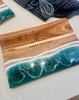 Personalised Acacia Wood Ocean Resin Wave Cheese Tray, Custom Logo Engraved Serving Board, Charcuterie Platter, Corporate Housewarming Gift