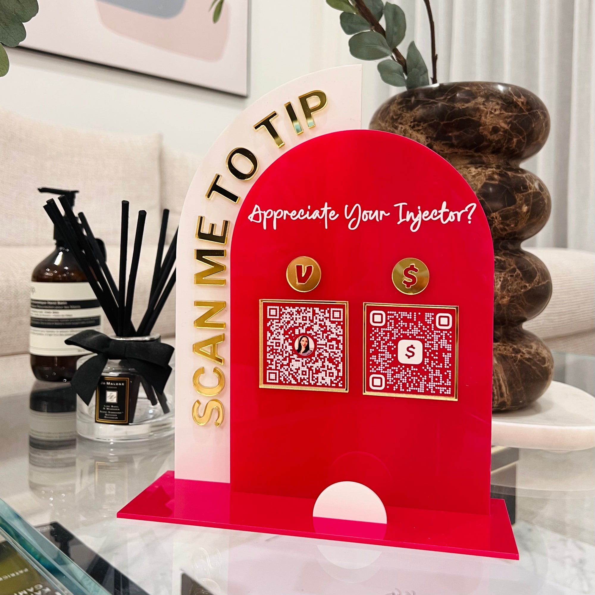 Personalised 3D Raised Acrylic Arch QR Code Social Business Sign & Card Holder, Custom Spa, Beauty, Cafe, Retail, Reception Display Signage